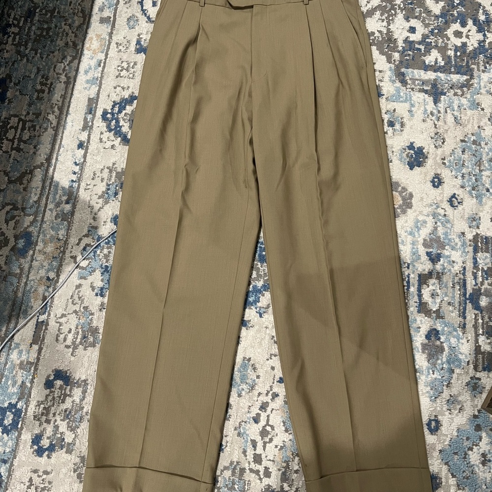 Ballin Super 120s Wool Dress Pants Size 35 Tan Pleated Cuffed Made in Canada